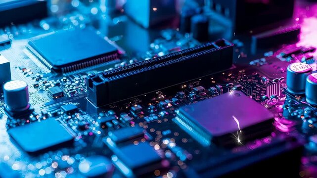 Blue and pink glow illuminating computer circuit board chip and electronic component. Modern technology concept for AI and quantum computing.
