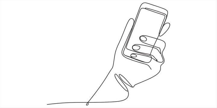Continuous line drawing of a hand holding a smartphone on a white background Vector, illustration