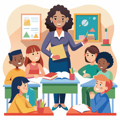 Diverse group of smiling students of various ethnicities and genders interacting with a friendly female teacher in a bright, modern classroom