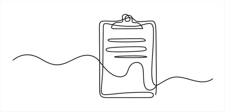 Continuous line drawing of a clipboard with paper and text lines, rendered in a minimalist style Vector, illustration