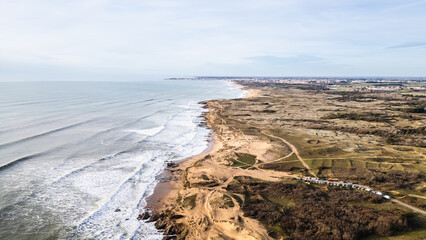 Aerial drone view of Taillees beach, near Bretignolles sur mer, Vendee, France