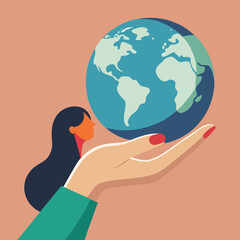 Close-up of a woman's hand gently holding a glowing blue globe, symbolizing global responsibility, environmentalism, and worldwide connection
