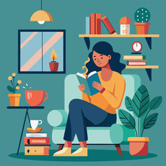 Cozy woman enjoying coffee and reading a book indoors, illustration for relaxation and comfort.