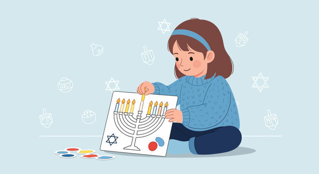 Joyful Girl Illuminates The Menorah, Celebrating The Festival Of Lights, A Happy Holiday