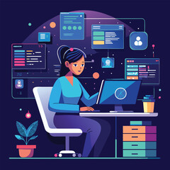 Determined woman coder using multiple screens with code, graphic illustration of software development.