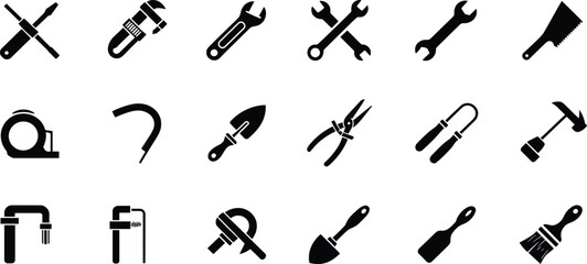 Fototapeta premium Hand tools silhouette icon set wrench hammer saw screwdriver pliers shovel brush tape measure black vector collection