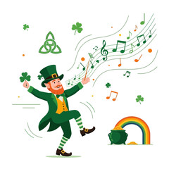 Joyful Leprechaun Dancing To Music With Rainbow And Pot Of Gold