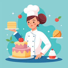 Expert woman chef adding delicate details to a cake, illustration of culinary artistry and baking.