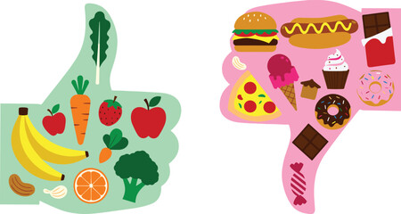 Thumbs up for healthy food including fruits and vegetables and thumbs down for unhealthy junk food like burgers and sweets © Najmin