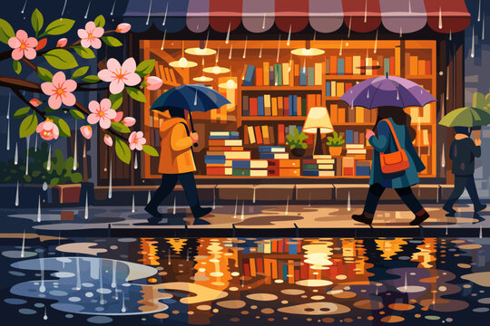 People walking with umbrellas in rain near a bookstore with flowers in springtime