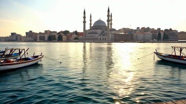 Tranquil morning in istanbul featuring yavuz sultan selim mosque and traditional fishing boats along the golden horn