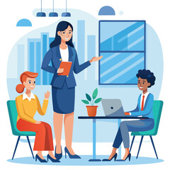 Dynamic woman CEO engaging in a business presentation within a contemporary office setting, graphic illustration.