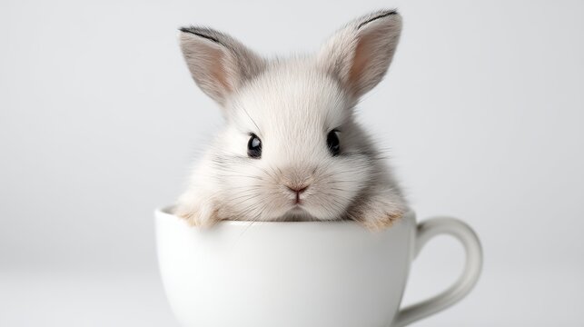 A white rabbit sitting in a large coffee cup on a plain background