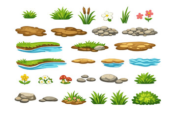 Naklejka premium Different types of grass, stones, flowers, and water bodies arranged in various patterns for landscapes or nature scenes