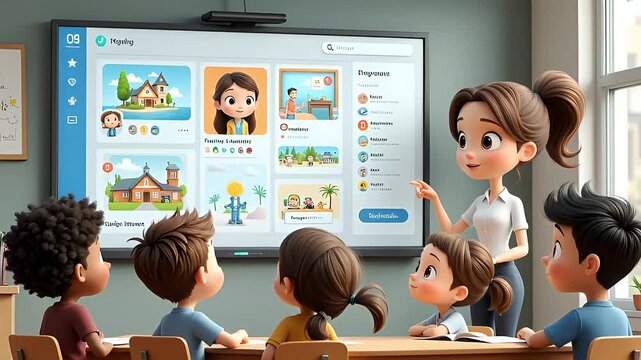 Children engaged in interactive lesson on smart board with teacher in modern classroom setting showing educational content