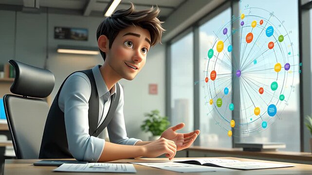 Young animated man interacting with holographic data visualization in modern office, dynamic footage of future technology
