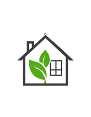 Simple home outline with green leaves growing within; window present