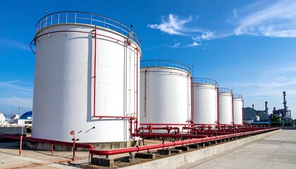Fototapeta premium White industrial tanks with red pipes under a blue sky, part of a larger factory complex