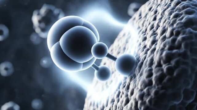 Dynamic visualization of an ATP molecule interacting with cellular structures, representing vital energy transfer processes