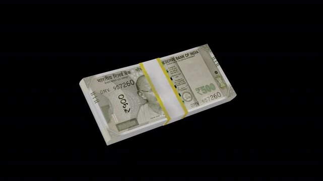 500 Indian Rupee money stack animation icon with realistic bundled banknotes. 5 second smooth motion and transparent background, ideal for finance videos, banking apps, payment UI, 