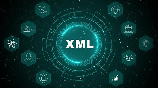 XML data structure and digital information exchange concept with technology interface and system integration, futuristic XML data processing animation background 4k