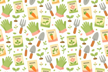 Gardening tools and seeds pattern showing gloves, trowels, and plant shoots for gardening enthusiasts