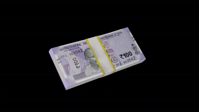 100 Indian Rupee money stack animation icon featuring realistic bundled banknotes. 5 second smooth motion with transparent background, ideal for finance videos, banking apps, UI design, 