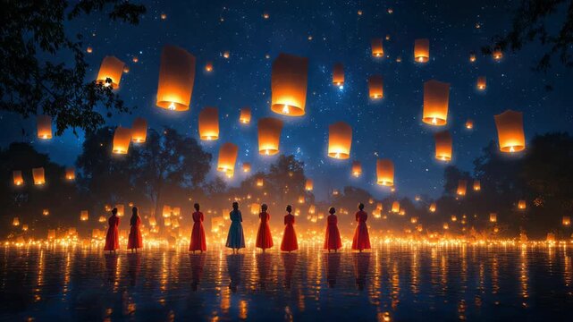 A serene night scene with floating lanterns, people near water, and starlit sky