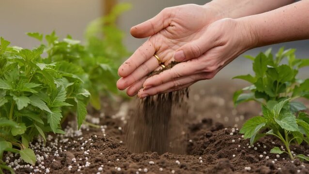 Hands gently adding rich soil to thriving plants, capturing the essence of nurturing growth, sustainable gardening, and connection to the earth.