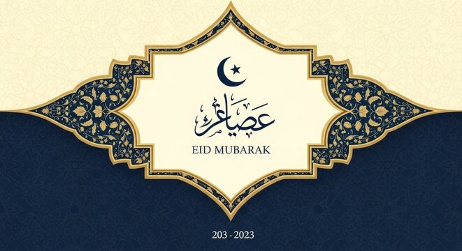 Eid Mubarak calligraphy and date 203 2023 on ornate frame, crescent moon, stars for Islamic holiday background