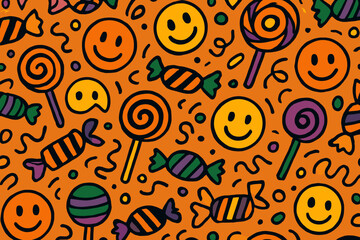 Fototapeta premium Fun candy and smiley face pattern on bright orange background with playful designs and shapes