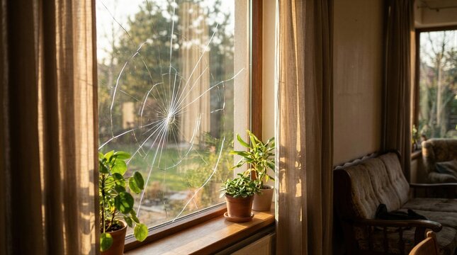 Broken window glass in a home, showing damage to the property. Concept of vandalism, accident or house repair and insurance.