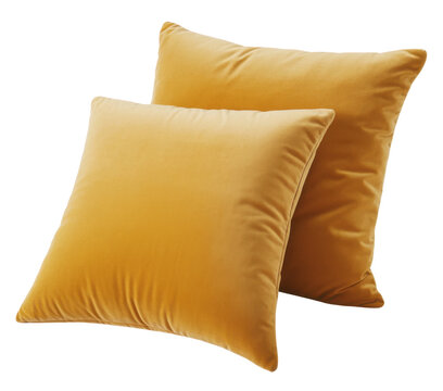 Two mustard yellow velvet pillows on white background isolated on a transparent background