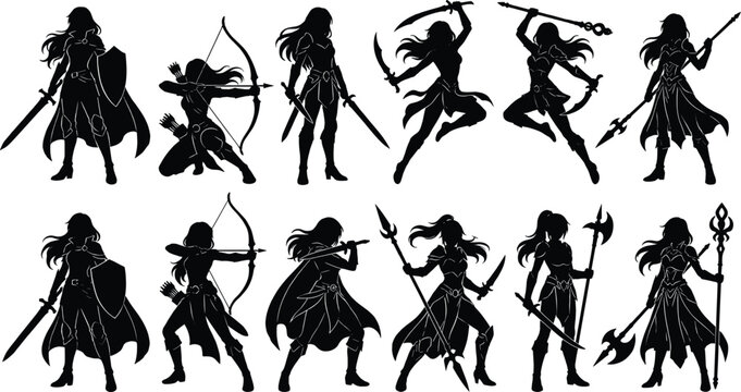Collection of female fantasy warrior silhouettes including knights, archers, mages, and assassins with swords, bows, spears, and axes for character design and gaming