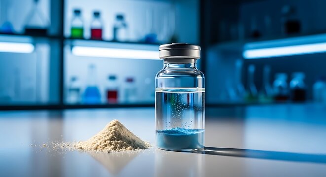 Vial with medicine powder in laboratory. New drug discovery for pharmaceutical research. Medical science and healthcare development.