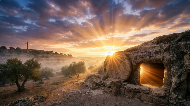 Empty tomb with stone rolled away at sunrise symbolizing resurrection