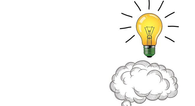 Yellow lightbulb with rays emerging from a thought cloud idea