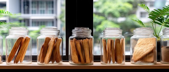 Fototapeta premium Jarred cookies and pita bread are neatly arranged on shelves in a kitchen, inviting customers to enjoy the offerings