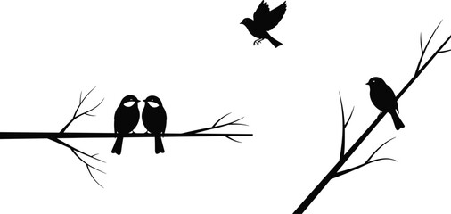 Black bird silhouettes sitting on tree branches and flying in the sky for nature wildlife graphic design, spring seasonal decor, and romantic icons © JONI
