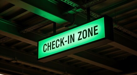 Obraz premium Green illuminated check-in zone sign hanging from ceiling green sign airport