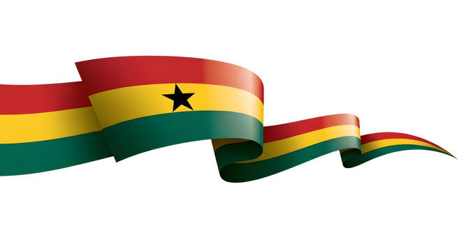 Ghana's national flag, featuring red, yellow, and green horizontal bands with a black star, depicted as a waving ribbon.