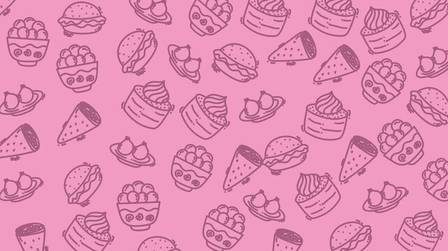 Hand drawn seamless pink pattern featuring cupcakes ice cream donuts and pastries ideal for packaging backgrounds textiles web design and print projects.