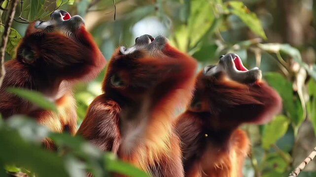 Three monkeys express themselves loudly in the jungle during daylight hours, surrounded by lush green trees and leaves