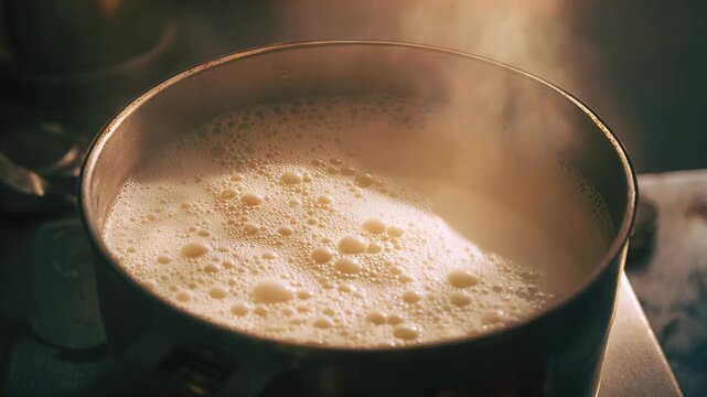 Ultra HD Fresh White Milk Boiling in Metal Pot with Steam and Bubbles Video
