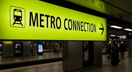 Obraz premium Green Metro Connection Sign with Train Icon and Arrow in Subway Station image photo