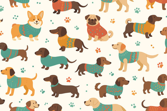 Cute dogs wearing sweaters in a fun pattern design for fabric or wallpaper