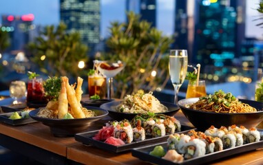 Fototapeta premium Elegant Rooftop Dinner Gathering at Midnight with Exquisite Dishes