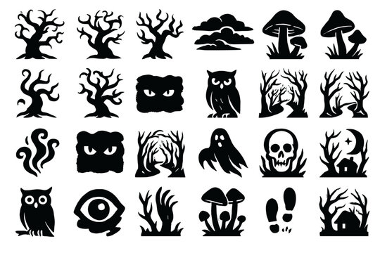 Various black silhouette designs of trees, animals, and spooky elements for Halloween or themed events