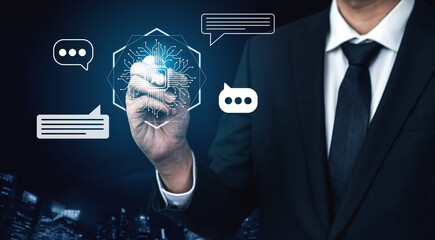 A businessman interacts with digital elements showcasing chat bubbles and a data network in a modern city, symbolizing innovation and communication in business. Gantry