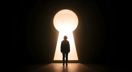 Obraz premium Person standing in front of glowing keyhole in dark room with bright light